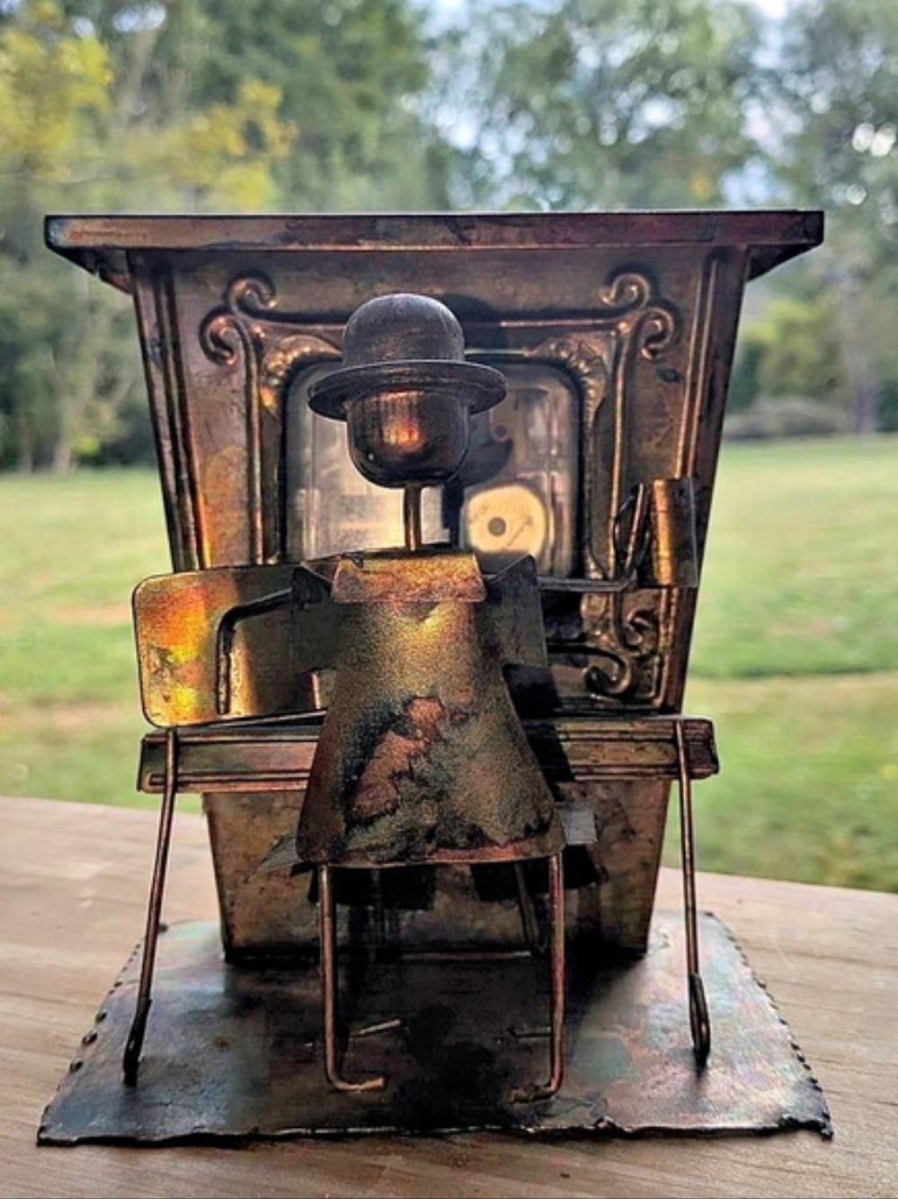 Vintage Copper Metal Piano Player Music Box Sculpture